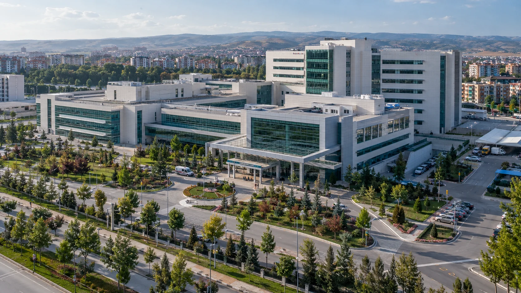 Eskişehir Şehir Hastanesi projesini temsil eden yeşil çevre düzenlemeli şehir hastanesi yerleşkesi